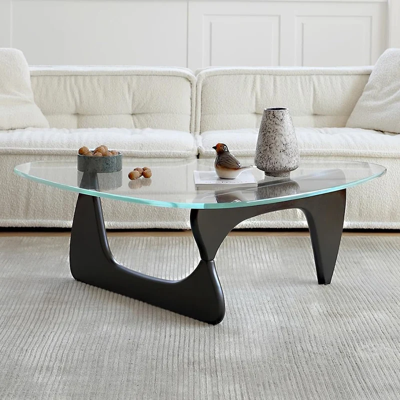 Tables Basses triangulaires en Verre pour Le Salon, Table Basse Ovale Noguchi avec Base en Bois Massif, Table d'appoint Moderne du Milieu du siècle en Verre Noir Abstrait pour Bureau