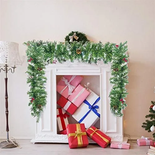 aheadad Guirlande de Noël Artificielle Décorations Noël Guirlande Noël Vert en Rotin Portes Et Fenêtres Pomme Pin Décoration Artificielle Couronne Cheminée Arbre Noël Décoration