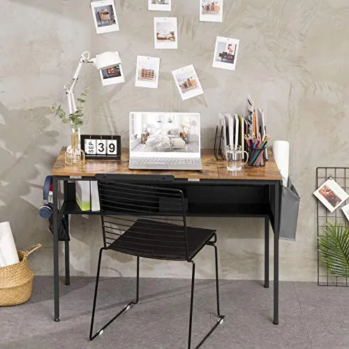 HOOBRO Bureau, Table à Dessin, Table Informatique, Table d’étude avec Dessus Inclinable, avec Pochette de Rangement Amovible et Étagère, Bandes Antidérapantes, Stable, Montage Facile EBF55DN01