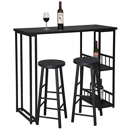 WOLTU 1 X Table de Bar avec 2 tablettes + 2 X Tabourets de Bar Structure en métal Plateau en MDF,Noir BT25sz+BH130sz-2
