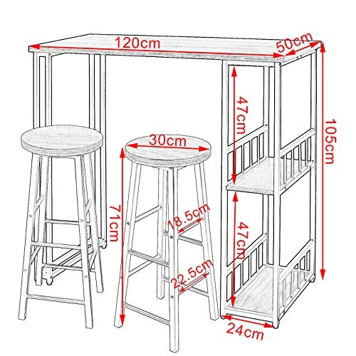 WOLTU 1 X Table de Bar avec 2 tablettes + 2 X Tabourets de Bar Structure en métal Plateau en MDF,Noir BT25sz+BH130sz-2