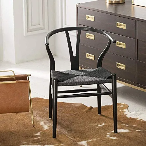 DLL Chaise Wishbone Chaise Y Chaise À Manger En Bois Massif Fauteuils En Rotin Style Naturel Bas Du Dos/Noir / 55×75×45cm