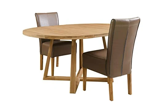 NORDICSTORY Table de salle à manger extensible ronde avec pieds croisés Moby, bois massif chêne, style moderne nordique ou scandinave pour salon, 4-8 personnes, 120-160 x 120 x 75 cm (Natural)