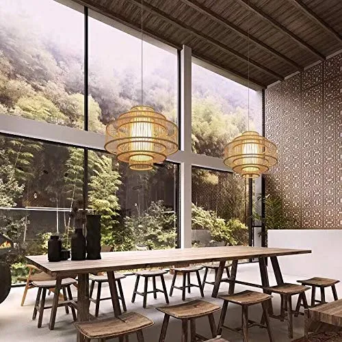 Fine Asianliving Abat-jour Plafonnier Bambou Fait Main - Lena D50cm Bambou Plafonnier Luminaire Lampe Suspendue Suspension Lampe Orientale Chinois Japonais Abat-Jour Fait