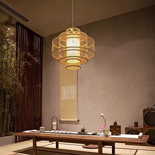 Fine Asianliving Abat-jour Plafonnier Bambou Fait Main - Lena D50cm Bambou Plafonnier Luminaire Lampe Suspendue Suspension Lampe Orientale Chinois Japonais Abat-Jour Fait