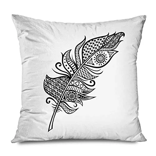 Suo Long Housse de Coussin Doodle Plume Aile Noire Main sur Ensemble Divers Abstrait Belle beauté Oiseau Dessin taie d'oreiller dessinée