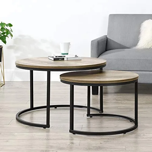 [en.casa] Set de 2 Tables Basses Rondes Gigognes Table de Salon Panneaux de Particules Métal Couleur Bois Noir Tailles