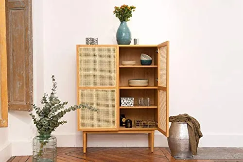 DECOCLICO Buffet plaqué chêne cannage rotin