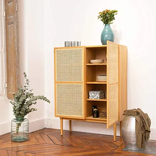 DECOCLICO Buffet plaqué chêne cannage rotin