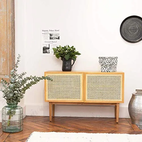 DECOCLICO Buffet en plaqué chêne et cannage en rotin