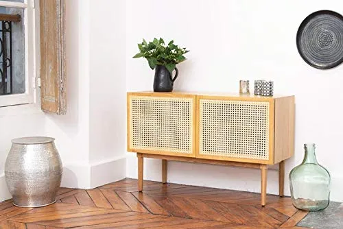 DECOCLICO Buffet en plaqué chêne et cannage en rotin