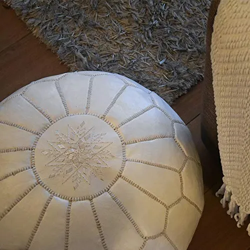 Pouf Artisanal Marocain en Cuir Véritable Fait Main - Vendu Rembourré - Repose-Pied, Coussin de Sol, Ottoman (Blanc)