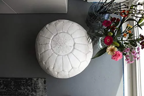 Pouf Artisanal Marocain en Cuir Véritable Fait Main - Vendu Rembourré - Repose-Pied, Coussin de Sol, Ottoman (Blanc)
