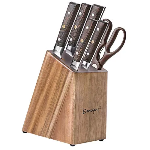 Emojoy Couteau de Cuisines, Set Couteaux Acier Inoxydable Allemand 7 Pieces, Bloc de Couteaux avec Couteau de Chef, Bloc en Bois, Lot de Couteaux Cuisine Professionnelle