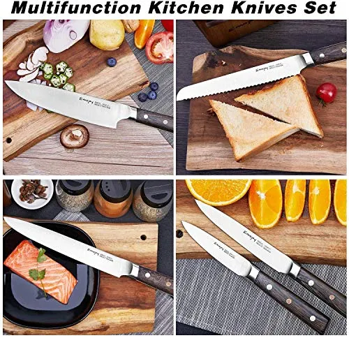 Emojoy Couteau de Cuisines, Set Couteaux Acier Inoxydable Allemand 7 Pieces, Bloc de Couteaux avec Couteau de Chef, Bloc en Bois, Lot de Couteaux Cuisine Professionnelle