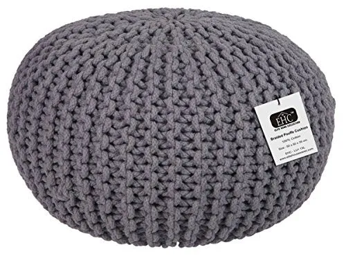 EHC Pouf Rond Double Tricot 100 % Coton Fait à la Main Noir