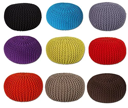 EHC Pouf Rond Double Tricot 100 % Coton Fait à la Main Noir