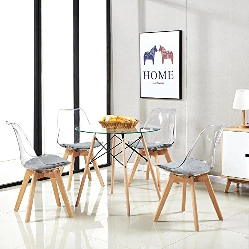 H.J WeDoo Lot de 4 Transparente Scandinave Chaises de Salle à Manger, Rétro Chaises Tulip Tissu Rembourrée en Polycarbonate arrière et Bois de hêtre Massif- Gris