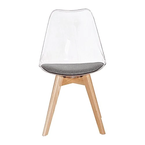 H.J WeDoo Lot de 4 Transparente Scandinave Chaises de Salle à Manger, Rétro Chaises Tulip Tissu Rembourrée en Polycarbonate arrière et Bois de hêtre Massif- Gris