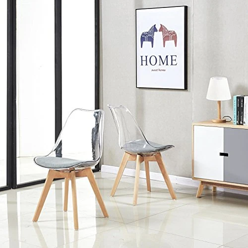 H.J WeDoo Lot de 4 Transparente Scandinave Chaises de Salle à Manger, Rétro Chaises Tulip Tissu Rembourrée en Polycarbonate arrière et Bois de hêtre Massif- Gris