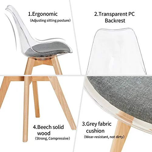 H.J WeDoo Lot de 4 Transparente Scandinave Chaises de Salle à Manger, Rétro Chaises Tulip Tissu Rembourrée en Polycarbonate arrière et Bois de hêtre Massif- Gris