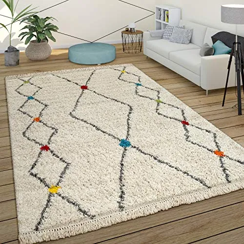 Paco Home Tapis À Poils Longs Shaggy Design Berbère Coloré Touches Moderne Ethnique Losanges en Crème, Dimension:200x290 cm