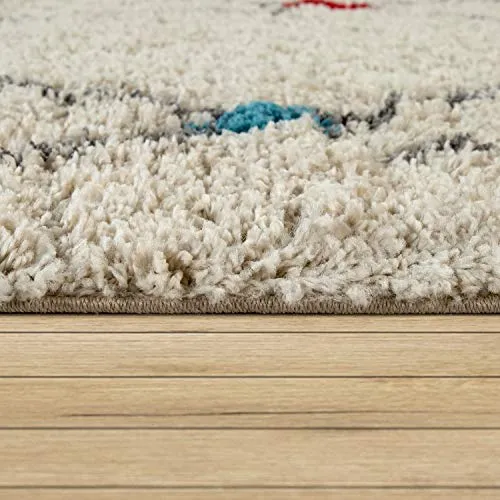 Paco Home Tapis À Poils Longs Shaggy Design Berbère Coloré Touches Moderne Ethnique Losanges en Crème, Dimension:200x290 cm