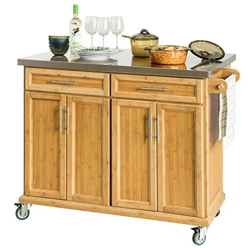 SoBuy® FKW69-N Desserte sur roulettes Meuble de Cuisine de Service Roulant en Bambou - Plans de Travail en Acier INOX Rabattables - Grande Armoire de Rangement