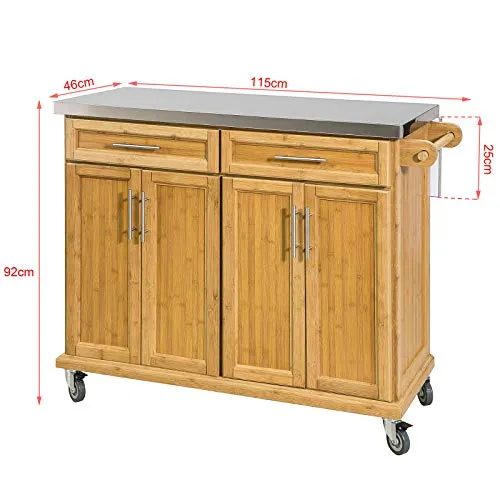 SoBuy® FKW69-N Desserte sur roulettes Meuble de Cuisine de Service Roulant en Bambou - Plans de Travail en Acier INOX Rabattables - Grande Armoire de Rangement