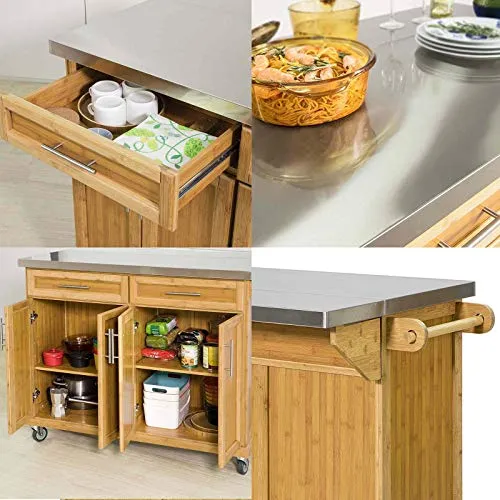 SoBuy® FKW69-N Desserte sur roulettes Meuble de Cuisine de Service Roulant en Bambou - Plans de Travail en Acier INOX Rabattables - Grande Armoire de Rangement