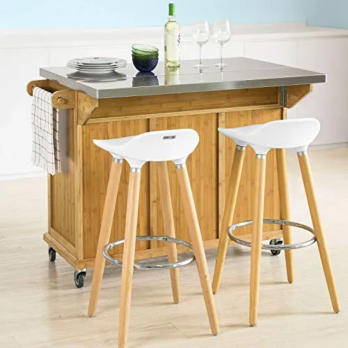 SoBuy® FKW69-N Desserte sur roulettes Meuble de Cuisine de Service Roulant en Bambou - Plans de Travail en Acier INOX Rabattables - Grande Armoire de Rangement