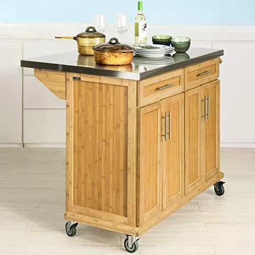 SoBuy® FKW69-N Desserte sur roulettes Meuble de Cuisine de Service Roulant en Bambou - Plans de Travail en Acier INOX Rabattables - Grande Armoire de Rangement