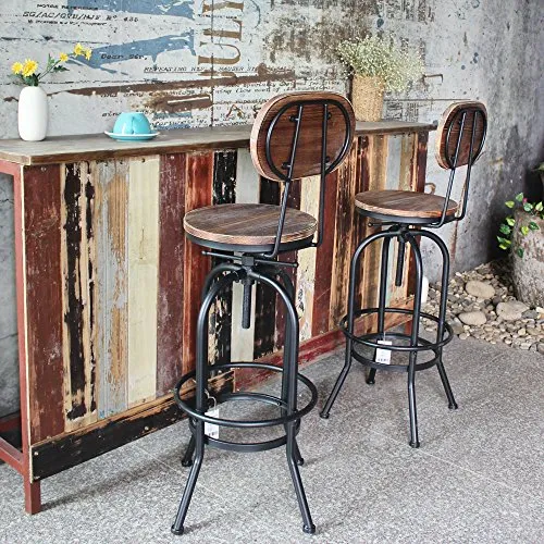 IKAYAA Lot de 2 Tabouret de Bar de Hauteur Réglable Vintage en Bois Tabouret de Salle a Manger Style Industriel Pinewood Haut + Métal avec Sac à Dos