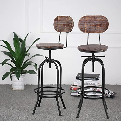 IKAYAA Lot de 2 Tabouret de Bar de Hauteur Réglable Vintage en Bois Tabouret de Salle a Manger Style Industriel Pinewood Haut + Métal avec Sac à Dos
