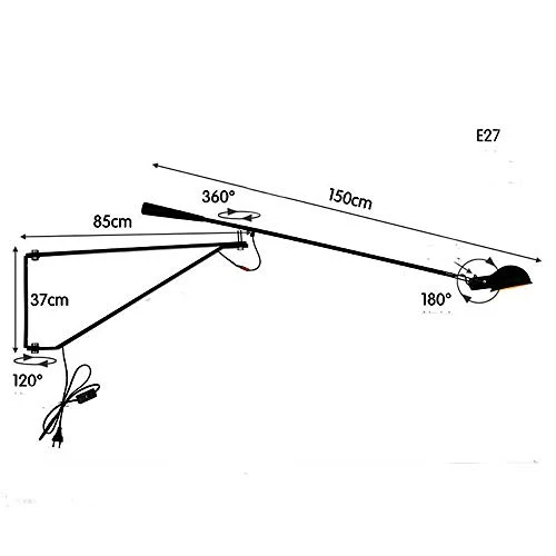RUZMY E27 RéTro Bras Long Applique, Prise Avec Interrupteur, Ajustable Bras Oscillant Chevet Applique Murale Fer Restaurant Eclairage Bras Long Pole Lampe Murale Chambre Lampe De Lecture