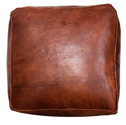 Poufs&Pillows Pouf Carré en Cuir Véritable Fait Main - Vendu Rembourré - Coussin de Sol, Ottoman, Repose-Pieds (Cognac)