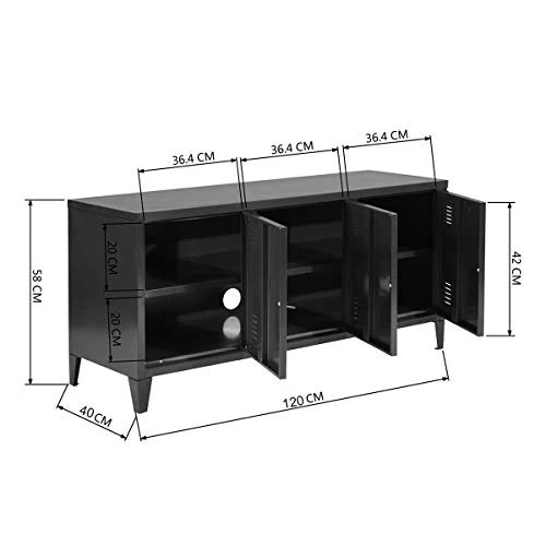 MEUBLE COSY Grand Espace 3 Portes Métal Bureau Armoire 2 Couches Buffet de Rangement Meuble Télévision, Noir, 120 x 40 x 58cm