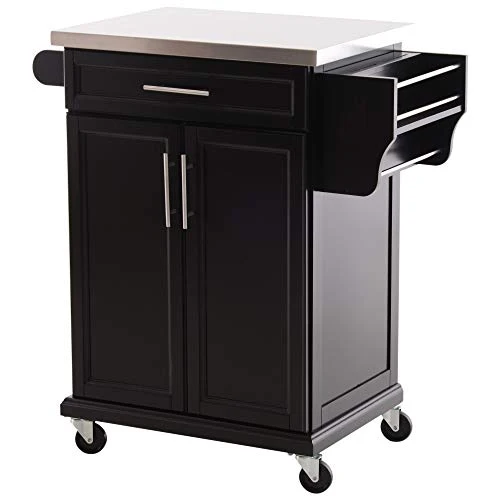 Chariot de service desserte de cuisine à roulettes multi-rangements placard double portes + étagères + range couverts et condiments latéral 84L x 46l x 91H cm plateau acier inoxydable bois noir