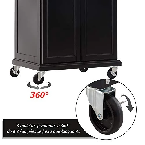 Chariot de service desserte de cuisine à roulettes multi-rangements placard double portes + étagères + range couverts et condiments latéral 84L x 46l x 91H cm plateau acier inoxydable bois noir