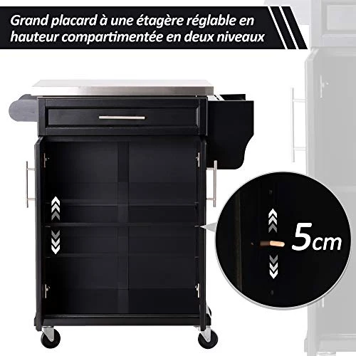 Chariot de service desserte de cuisine à roulettes multi-rangements placard double portes + étagères + range couverts et condiments latéral 84L x 46l x 91H cm plateau acier inoxydable bois noir