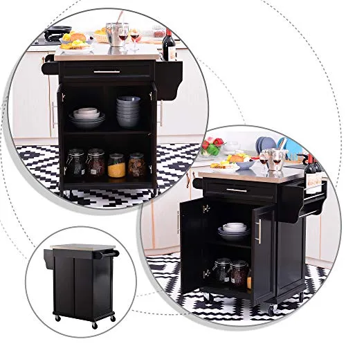 Chariot de service desserte de cuisine à roulettes multi-rangements placard double portes + étagères + range couverts et condiments latéral 84L x 46l x 91H cm plateau acier inoxydable bois noir