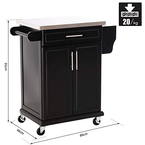 Chariot de service desserte de cuisine à roulettes multi-rangements placard double portes + étagères + range couverts et condiments latéral 84L x 46l x 91H cm plateau acier inoxydable bois noir