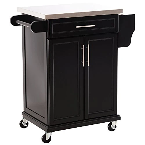 Chariot de service desserte de cuisine à roulettes multi-rangements placard double portes + étagères + range couverts et condiments latéral 84L x 46l x 91H cm plateau acier inoxydable bois noir