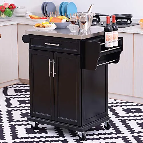 Chariot de service desserte de cuisine à roulettes multi-rangements placard double portes + étagères + range couverts et condiments latéral 84L x 46l x 91H cm plateau acier inoxydable bois noir