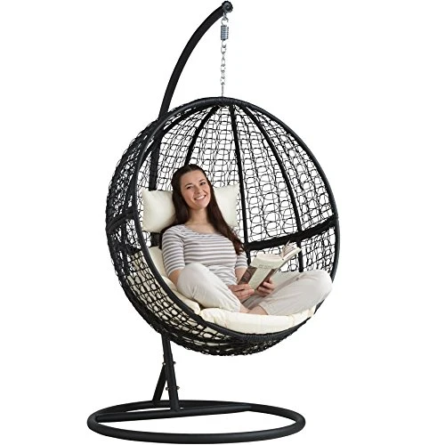 TecTake Chaise hamac avec Support en Résine Tressée Fauteuil Suspendu de Jardin Balancelle Transat - diverses Couleurs au Choix - Lancelle transat - diverses Couleurs au Choix - (Negro | No. 401777)