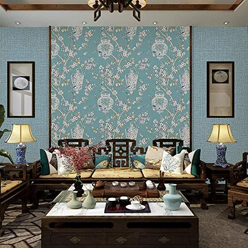 AdorabPaper Papier Peint Wallpaper Non tissé Vent Idyllique Fleurs Oiseaux Stickers Muraux Salon Chambre À Coucher Mur De Fond Tv Bleu 53X1000CM(20.8inches X 393.7inches)