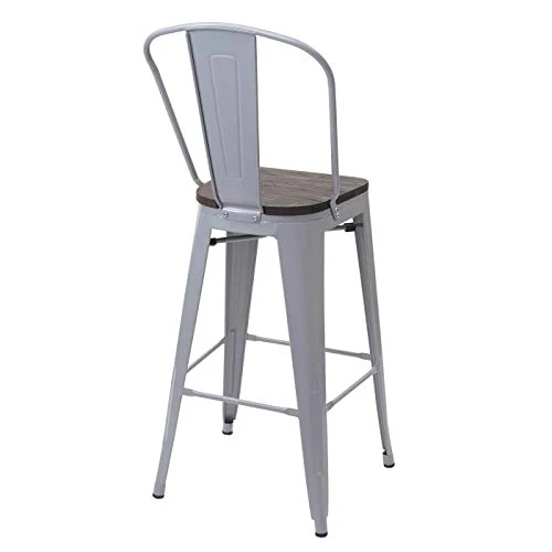 2X Tabouret de Bar HWC-A73 avec siège en Bois, Chaise comptoir avec Dossier, métal, Design Industriel ~ Gris