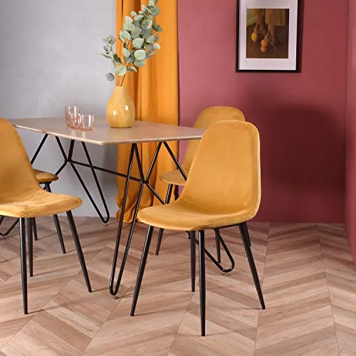 MEUBLE COSY Lot de 4 Chaises Salle a Manger Scandinave avec Assise et Dossier Recouverts de Velours Jaune Fauteuil de Bureau Pieds en Métal , Jaune /44x53x86cm