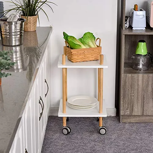 Chariot de service desserte de cuisine à roulettes design scandinave 2 étagères bois de pin MDF blanc