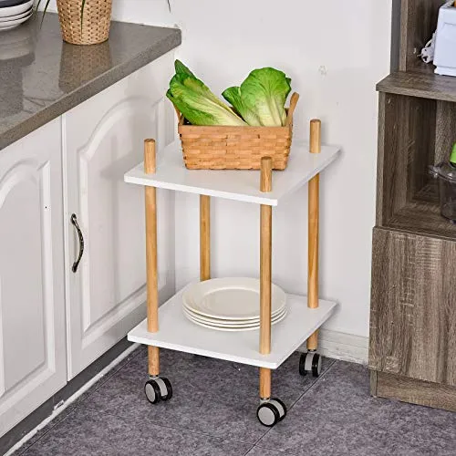 Chariot de service desserte de cuisine à roulettes design scandinave 2 étagères bois de pin MDF blanc